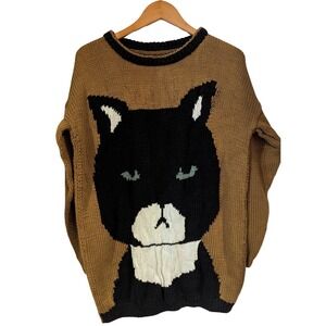 Unbranded Cat Intarsia Sweater One Size Tan Black Oversized Chunky Knit Funky